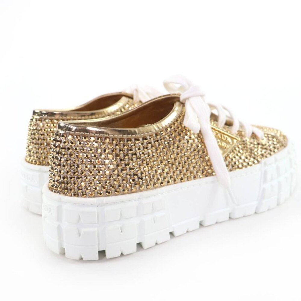 Prada Double Wheel Triangle Logo with Rhinestone Leather Low Cut Sneakers Gold - Picture 3 of 11